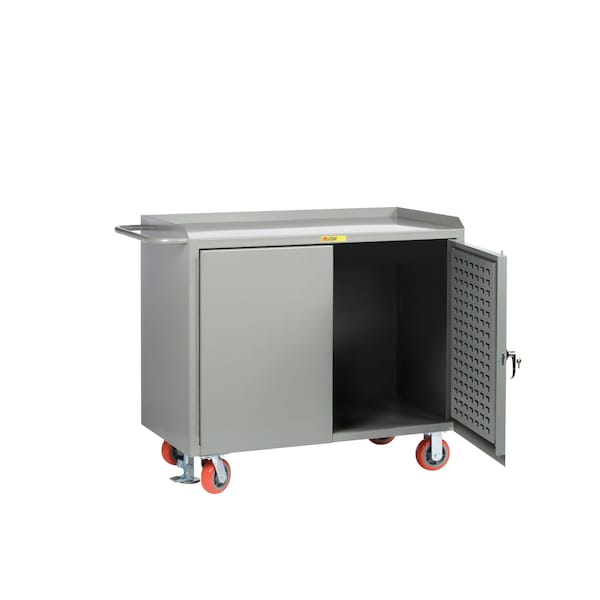 Mobile Bench Cabinets, 36"W, Louvered Panel Doors, Steel Top